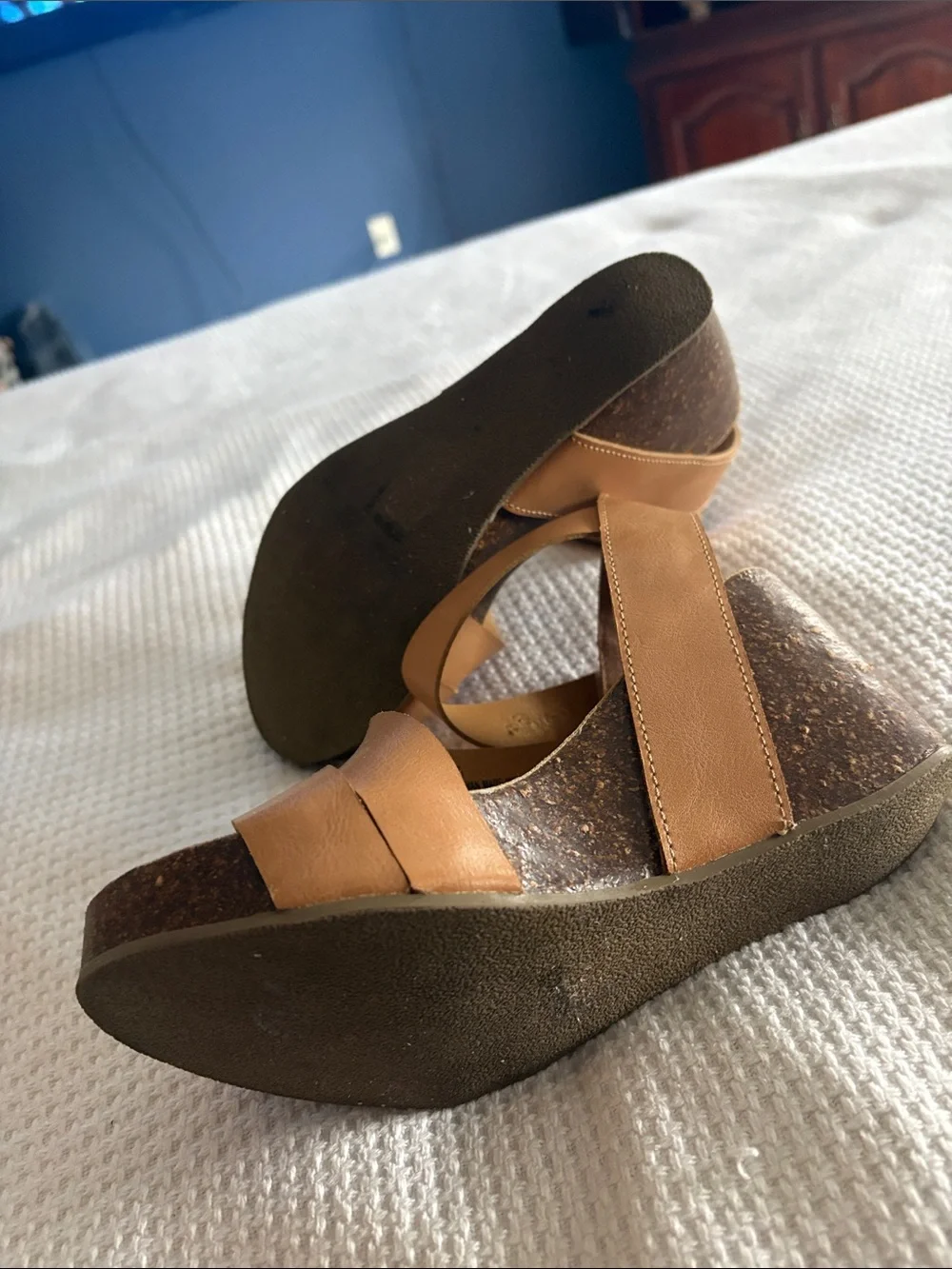 Blowfish Tan Leather Cork Wedge Sandals